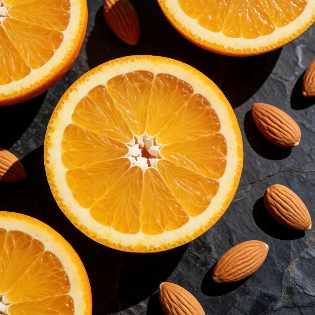 Cítricos y frutos secos sobre superficie oscura