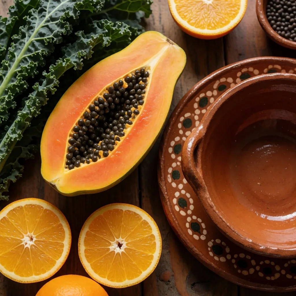 Zanahorias y espinacas frescas sobre plato de barro
