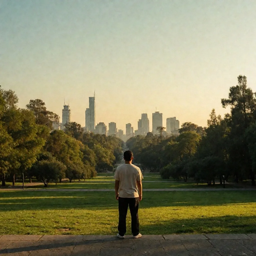 Parque abierto en México con horizonte amplio y luz natural donde una persona camina mirando a lo lejos