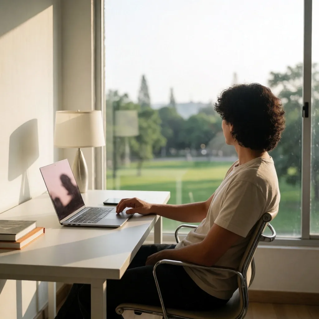Persona en escritorio junto a ventana mirando hacia un punto lejano relajando la vista