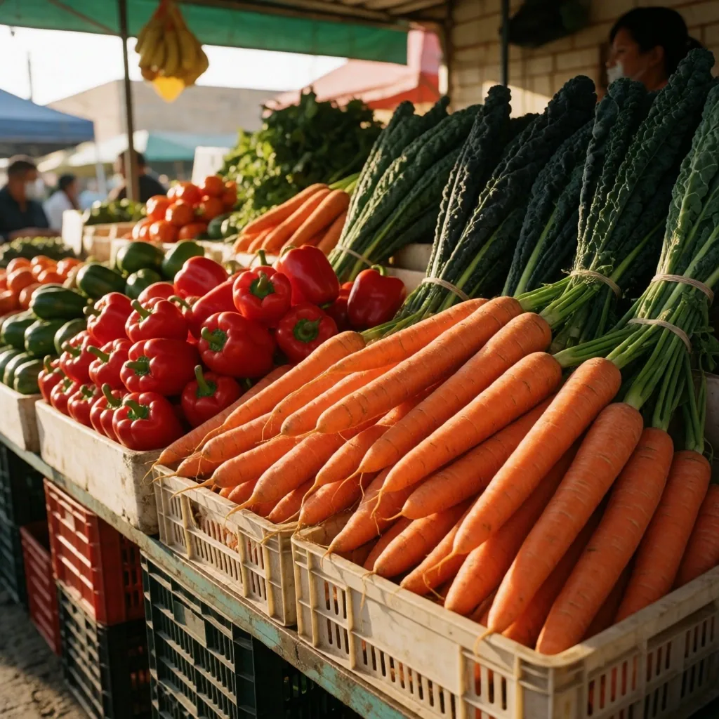 Puesto de mercado con alimentos ricos en nutrientes para la visión