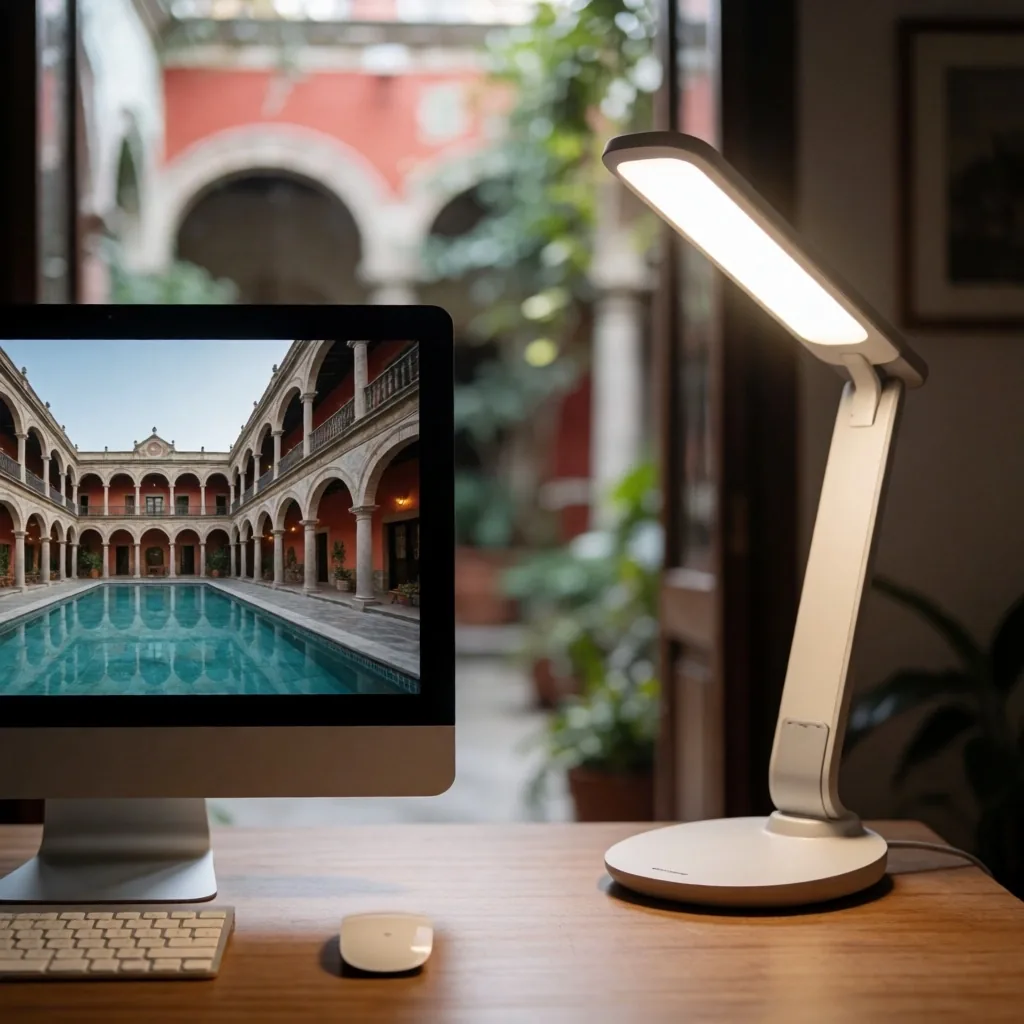 Escritorio de trabajo iluminado con monitor y luz natural