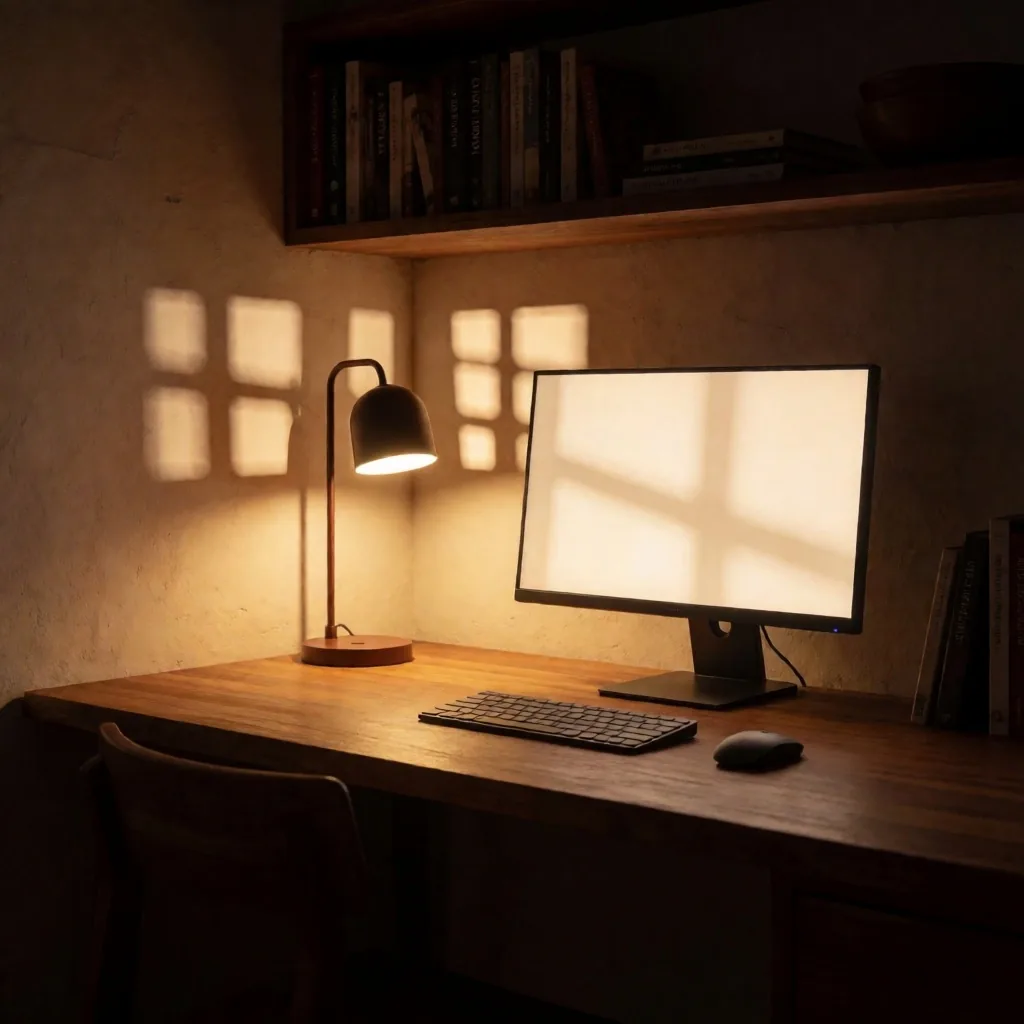 Lámpara de escritorio con luz indirecta sobre área de trabajo