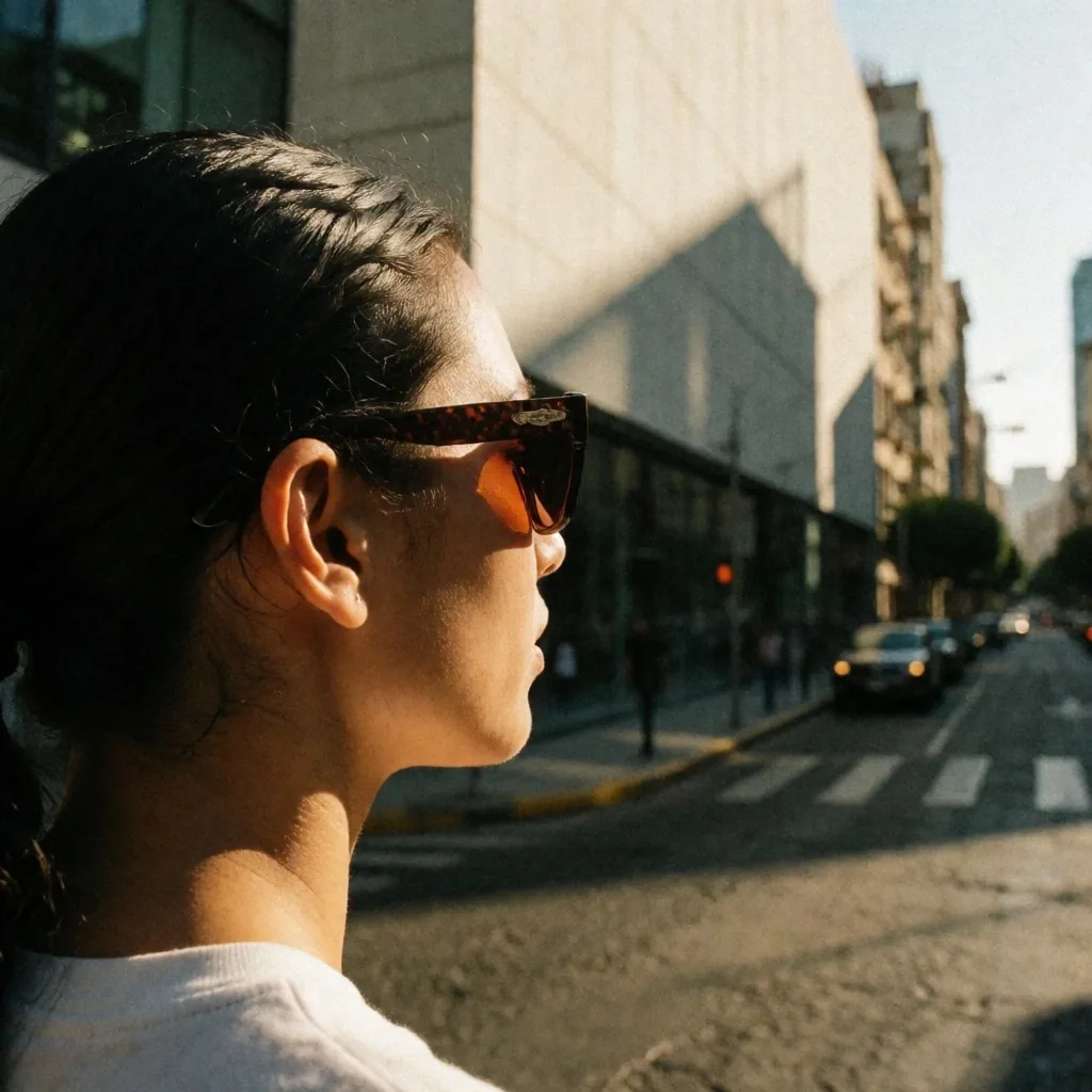 Persona con lentes de sol caminando bajo radiación solar en ciudad