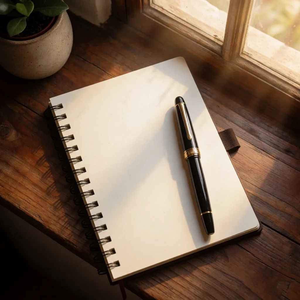 Cuaderno abierto con pluma sobre un escritorio de madera