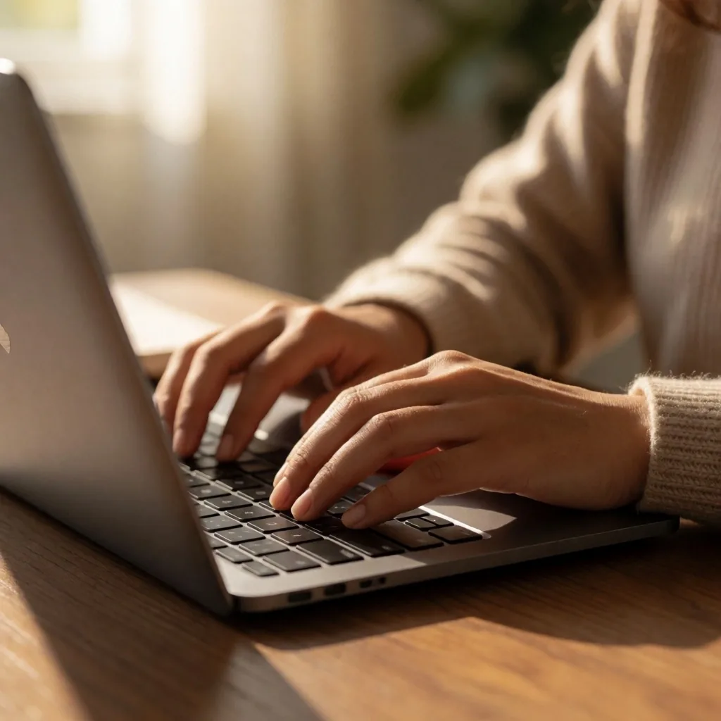 Manos escribiendo en un teclado de laptop bajo luz natural