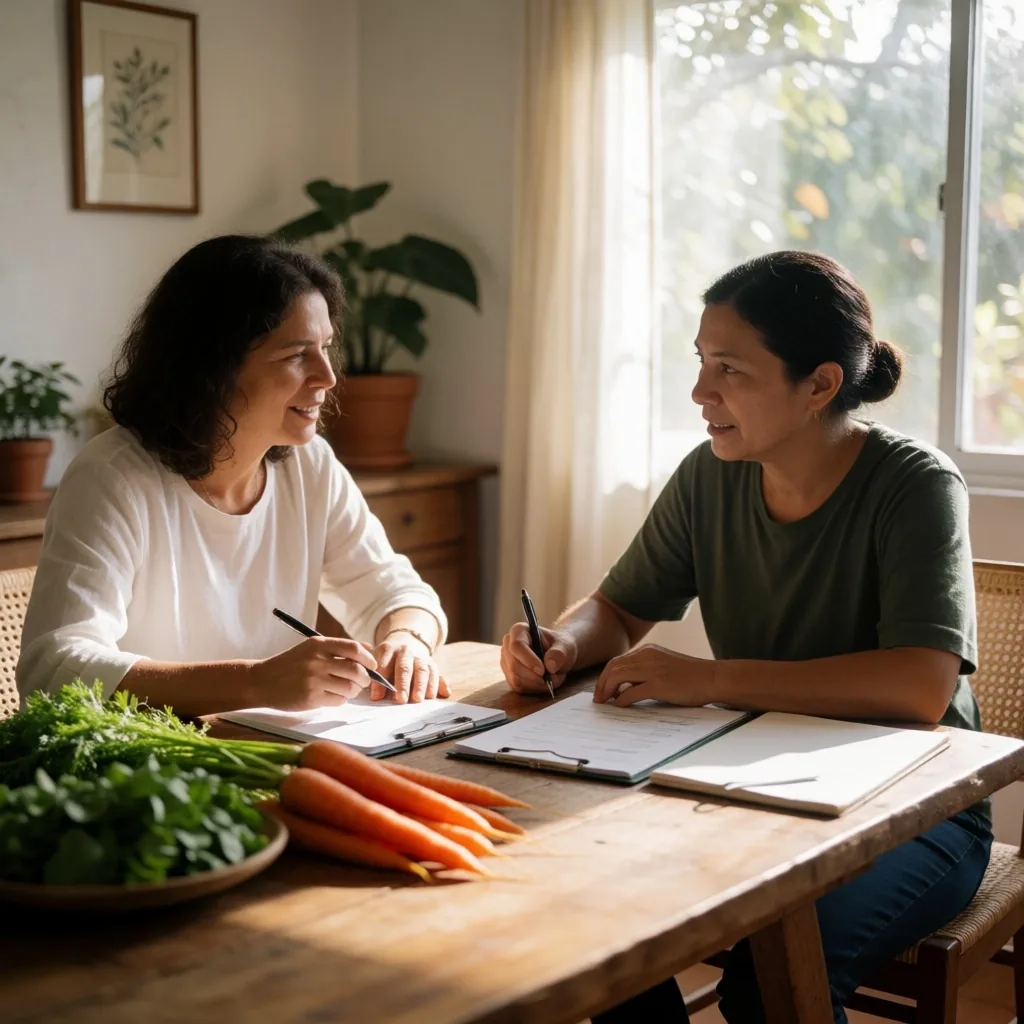 Colaboradores dialogando sobre nutrición y bienestar visual